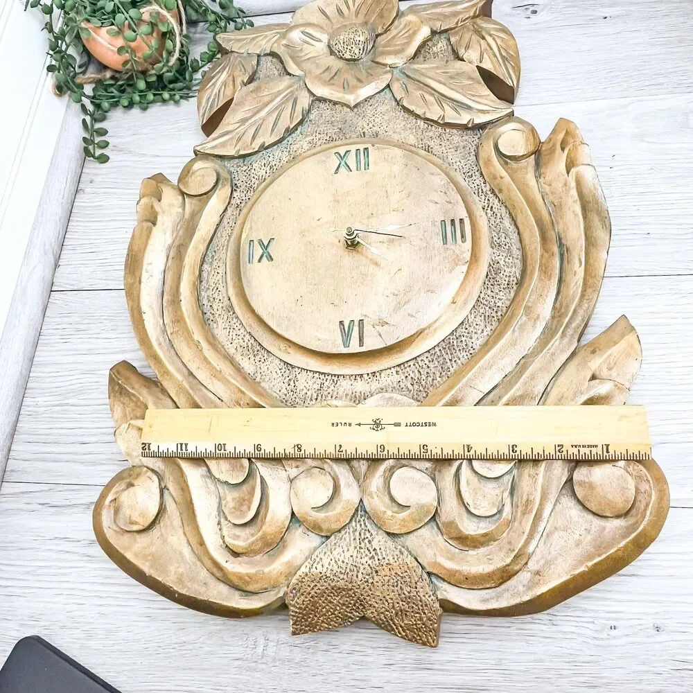 Large Gold Hand-Carved Wooden Floral Clock: Antique Wood Decor‎